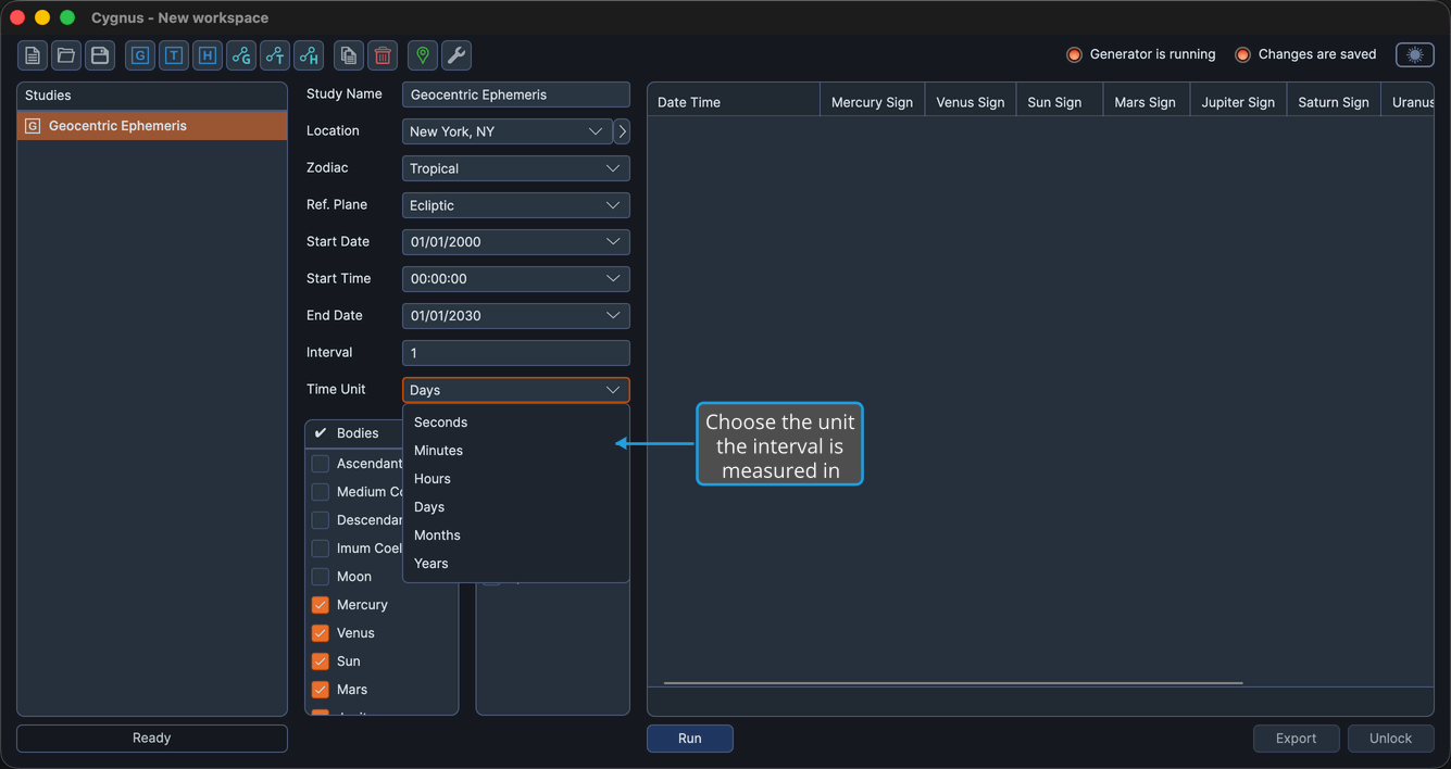 The Time Unit dropdown of a study expanded to show its options.