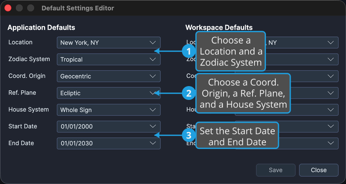 The Application Defaults column of the Default Settings Editor.