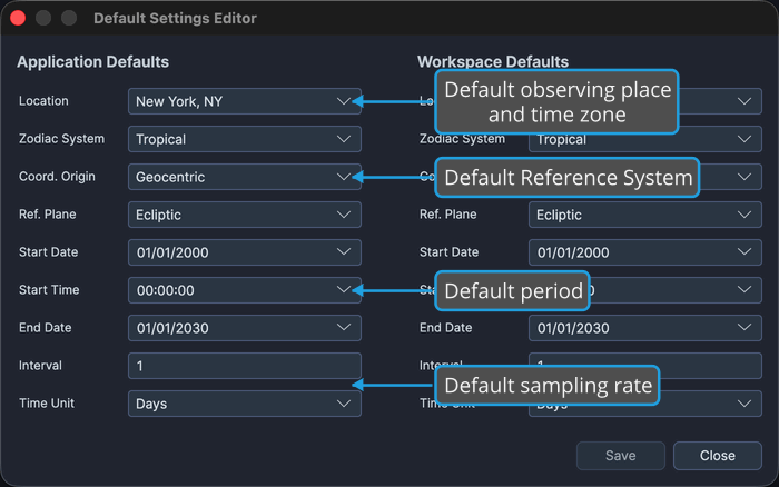 The Default Settings dialog with the Application Defaults column on the left showing its stored values.