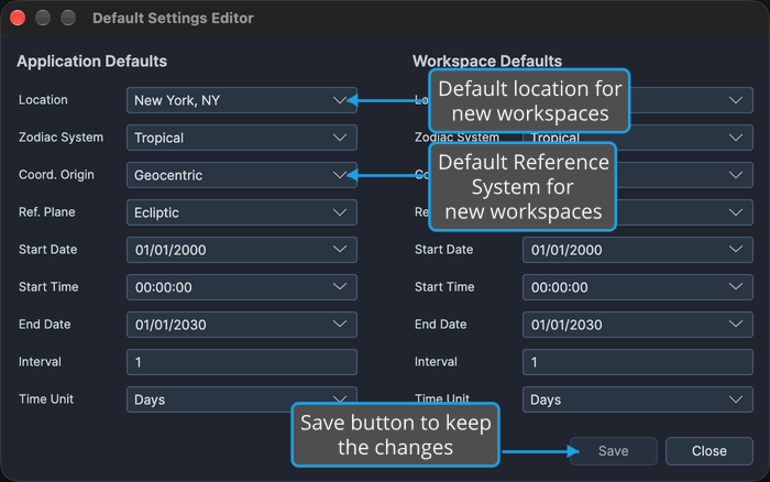 The Application Defaults column of the Default Settings Editor shows the default location and the Zodiac System, Coord. Origin and Ref. Plane drop-downs, with the Save button at the lower right.