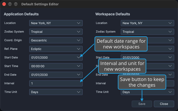 The Application Defaults column of the Default Settings Editor shows the default date range, interval and time unit for new workspaces, with the Save button at the lower right.