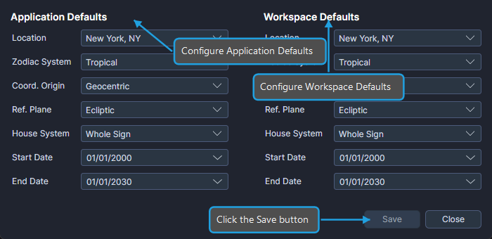 Default Settings Editor dialog showing Application Defaults and Workspace Defaults columns with Save button
