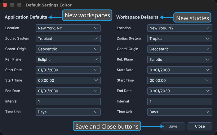 The Default Settings Editor shows the same nine settings in its Application Defaults and Workspace Defaults columns, with the Save and Close buttons beneath the columns.