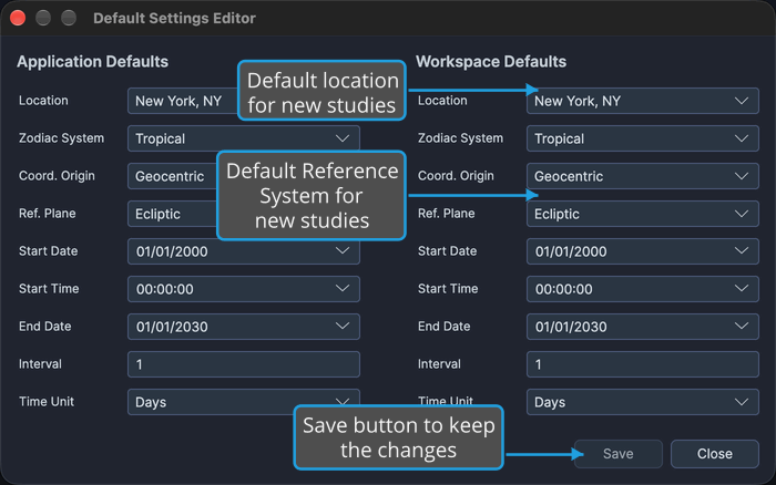 The Workspace Defaults column of the Default Settings Editor shows the default location and Reference System for new studies in the workspace, with the Save button at the lower right.