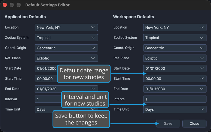 The Workspace Defaults column of the Default Settings Editor shows the default date range, interval and time unit for new studies, with the Save button at the lower right.