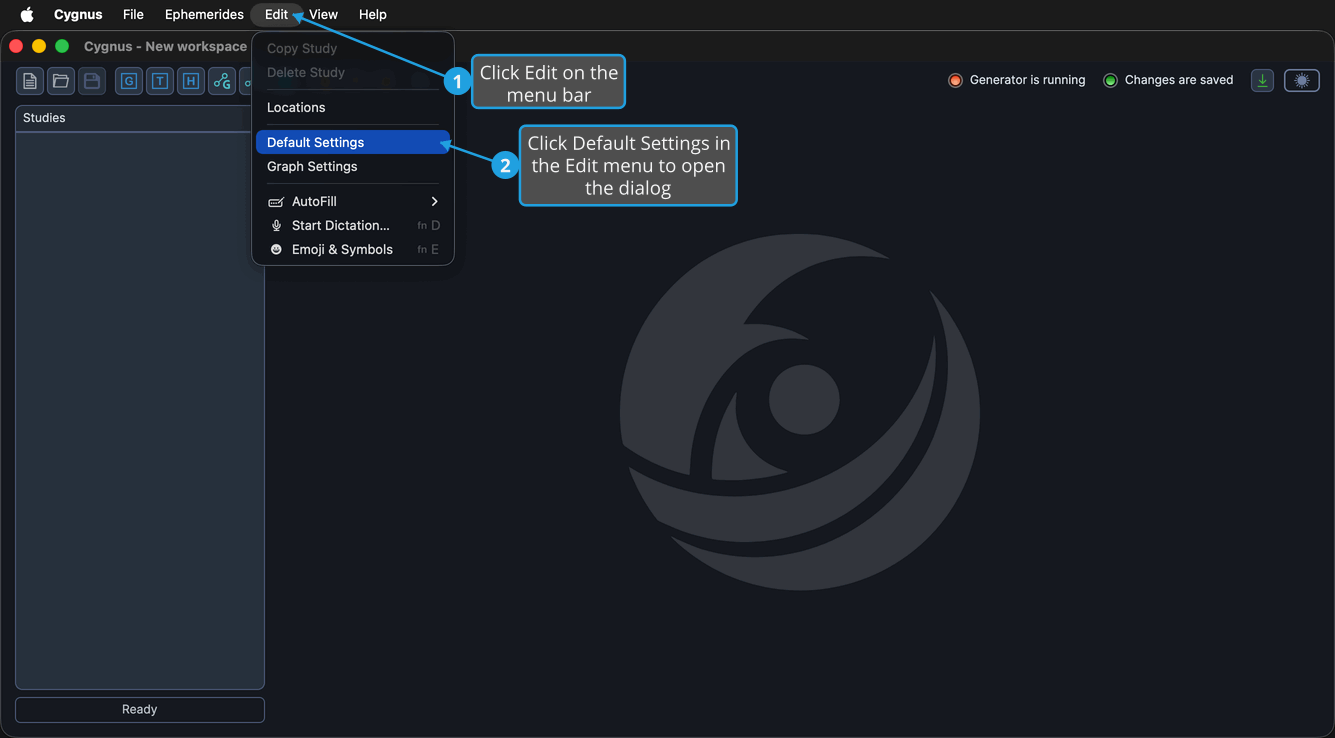 The Edit menu open over the main Cygnus window with the Default Settings command highlighted.