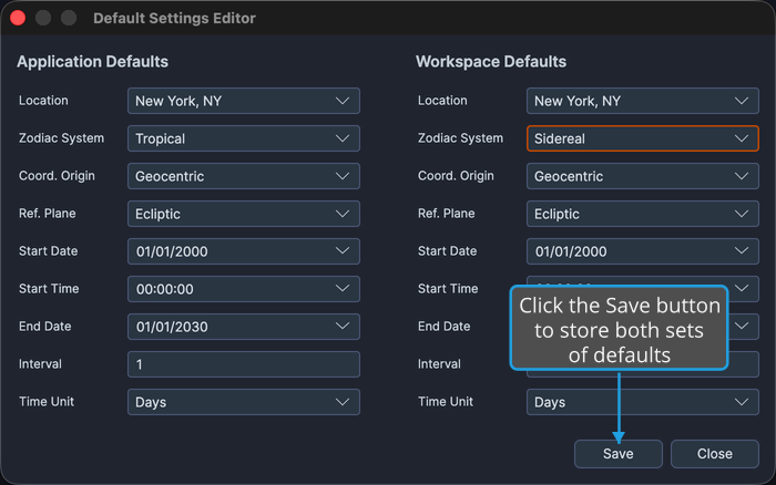 The Default Settings dialog with the Workspace Defaults Zodiac System set to Sidereal and the Save button enabled.