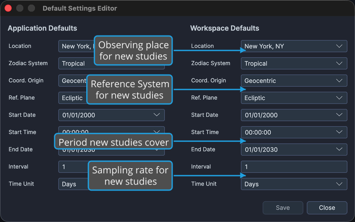The Default Settings dialog with the Workspace Defaults column on the right showing the current workspace's values.
