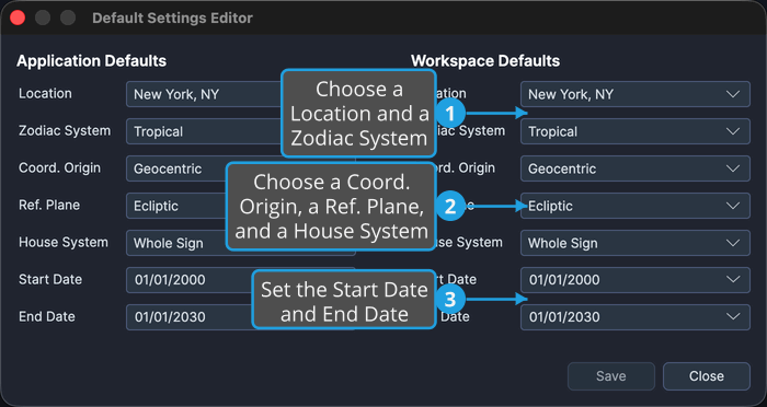 The Workspace Defaults column of the Default Settings Editor.
