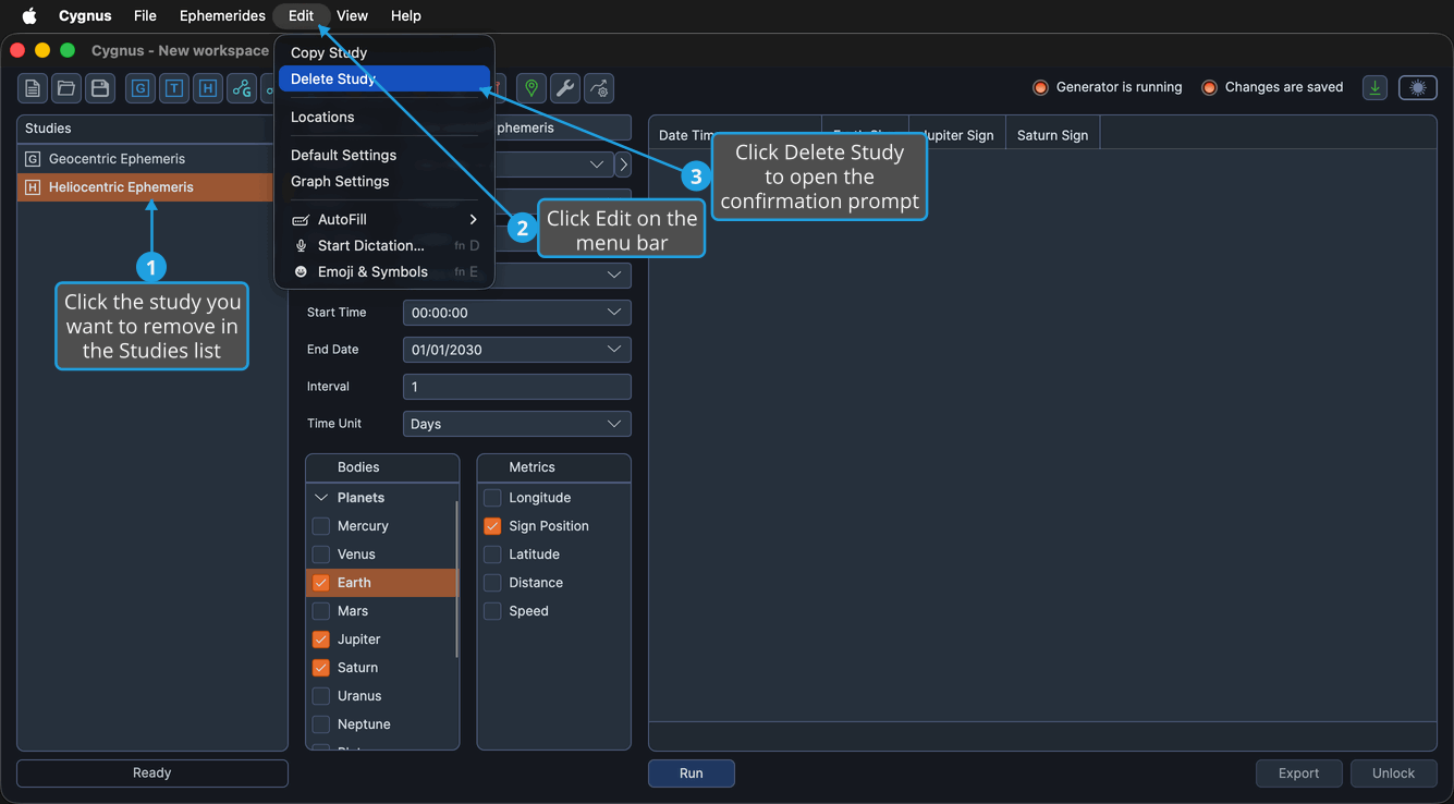 The Edit menu open with Delete Study highlighted, and a Heliocentric Ephemeris Study selected in the Studies list.