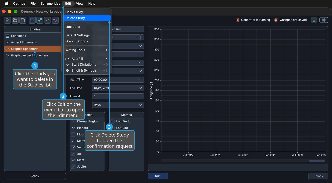 The Edit menu open on the menu bar with Delete Study highlighted and a Graphic Ephemeris study selected in the Studies list.