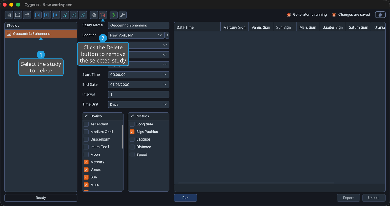 The main window with a study selected in the studies list and the Delete button on the toolbar.