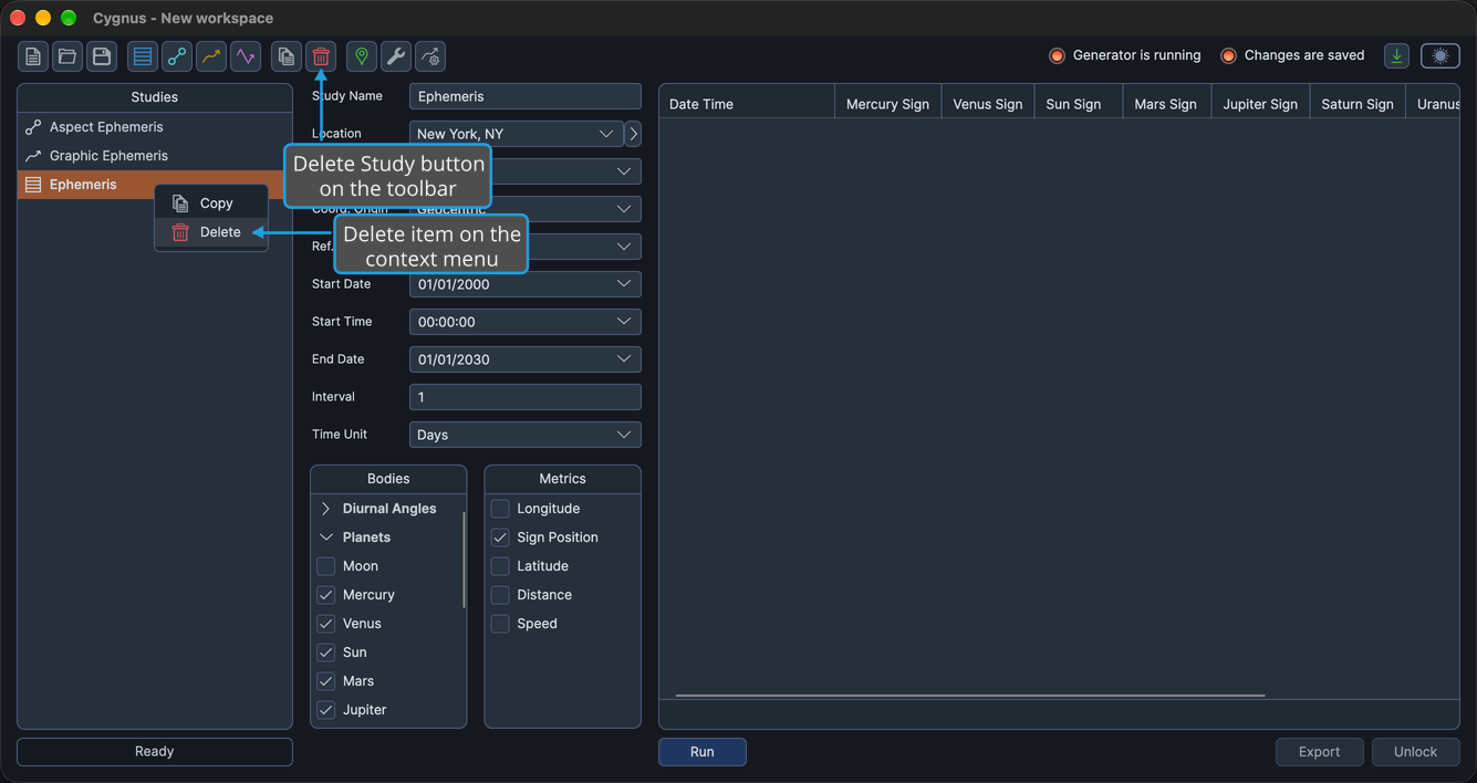 The Studies list context menu open on a selected Ephemeris study, with callouts on its Delete item and on the trash can Delete Study button on the toolbar.