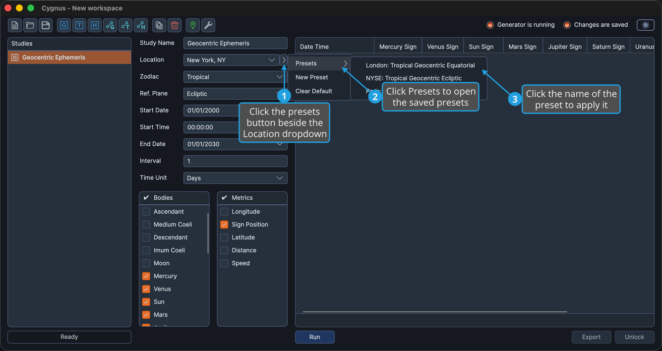 The ephemeris presets flyout open from the presets button, with the saved presets listed.