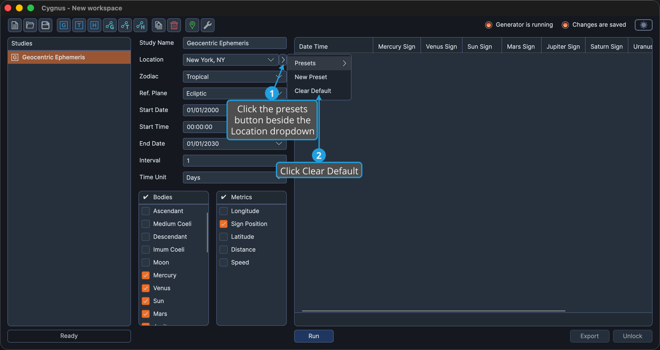 The ephemeris presets flyout open from the presets button showing the Clear Default command.