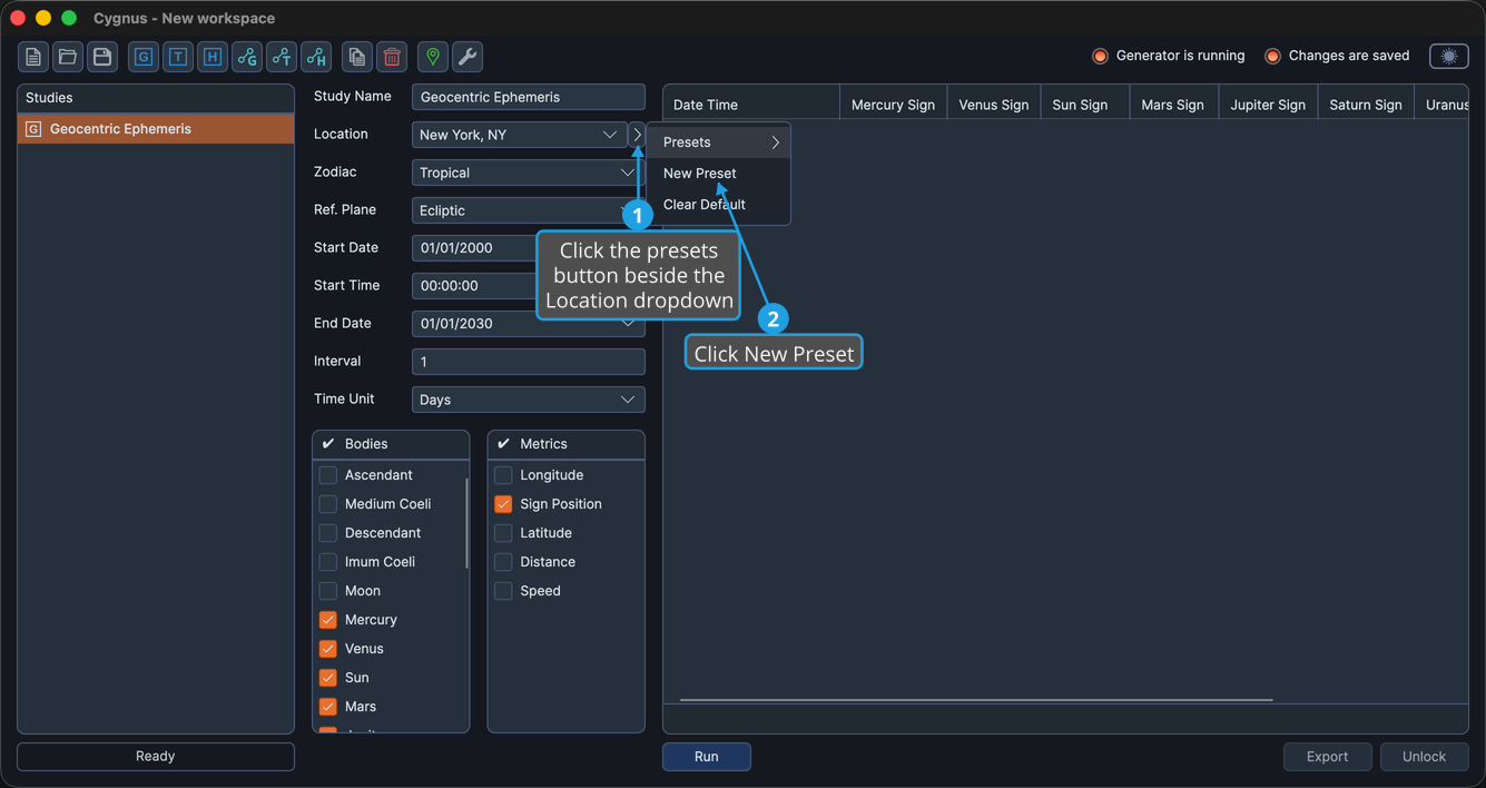 The ephemeris presets flyout open from the presets button.
