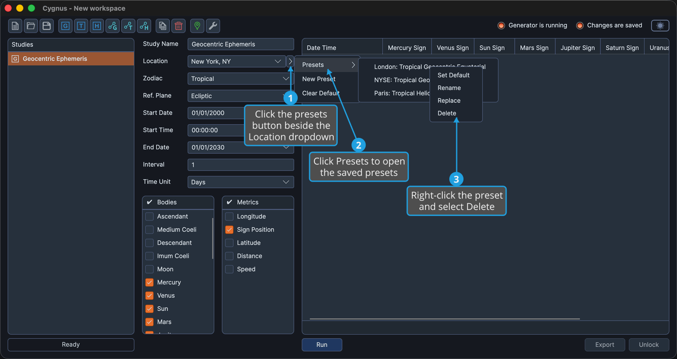 The ephemeris presets flyout open with a preset's right-click context menu showing Delete.