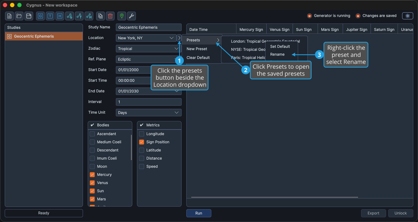 The ephemeris presets flyout open with a preset's right-click context menu showing Rename.