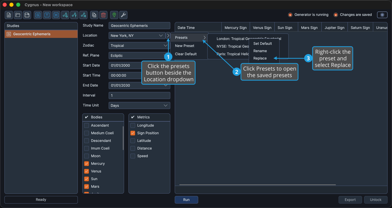 The ephemeris presets flyout open with a preset's right-click context menu showing Replace.