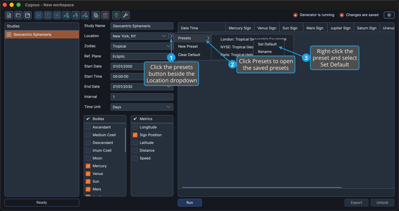 The ephemeris presets flyout open with a preset's right-click context menu showing Set Default.
