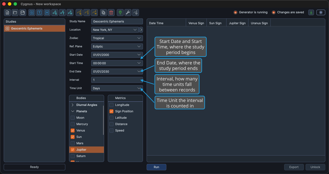 A Geocentric Ephemeris Study editor showing the Start Date, Start Time, End Date, Interval, and Time Unit fields.