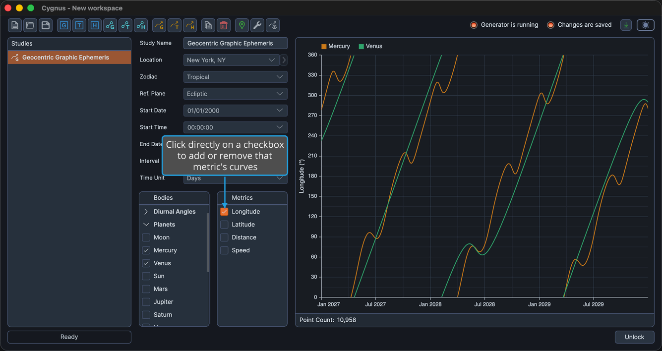 The Metrics list with Longitude checked and Latitude, Distance, and Speed unchecked, beside the plotted curves.