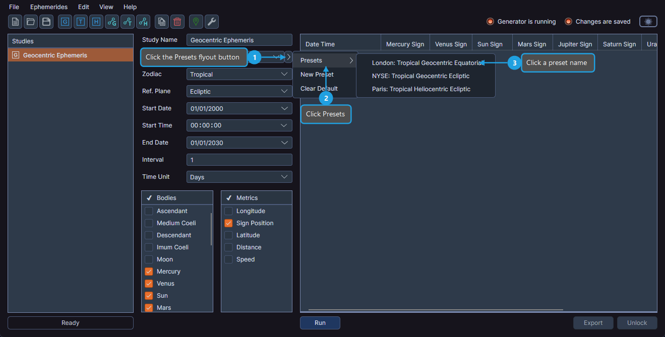 Ephemeris preset application showing available presets in the Presets submenu