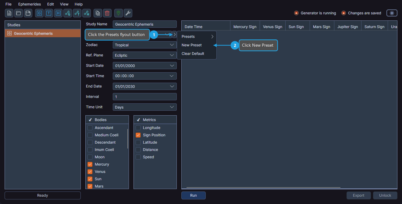 Ephemeris preset creation showing the New Preset option in the Presets submenu