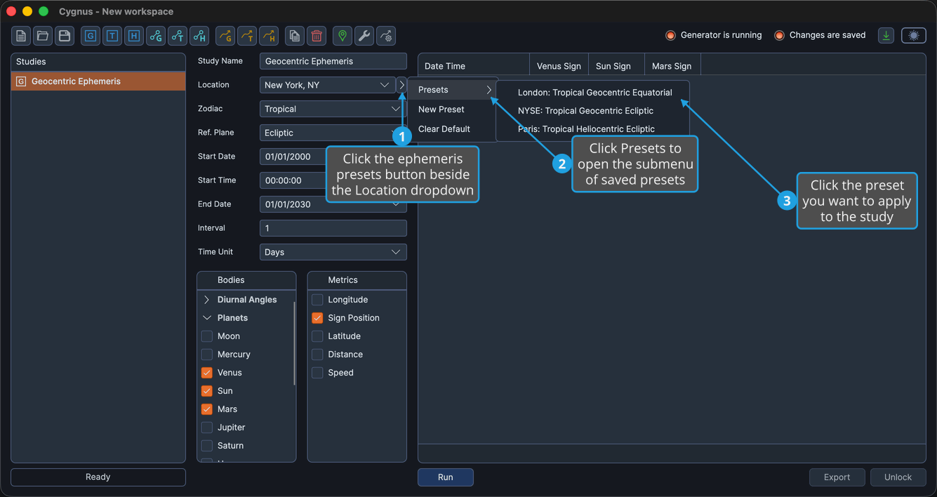 The Presets submenu expanded from the ephemeris presets flyout, listing the London, NYSE, and Paris presets.