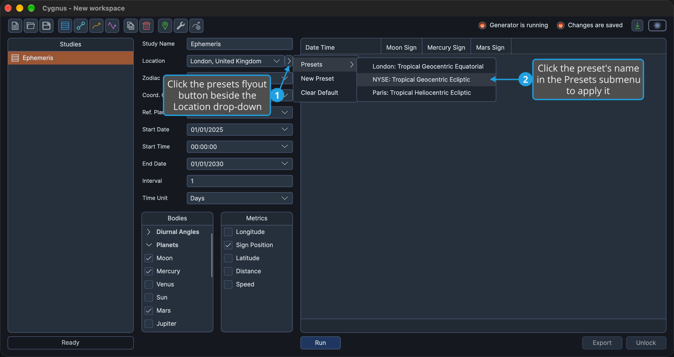 The presets flyout menu open beside the Location drop-down, its Presets submenu listing the saved ephemeris presets.
