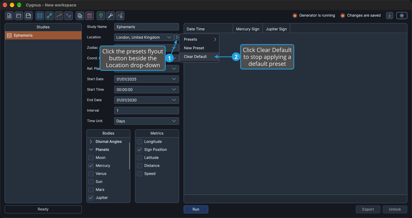 The presets flyout menu open beside the Location drop-down with Clear Default highlighted as its last item.