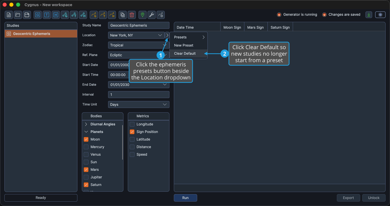 The ephemeris presets flyout open beside the Location dropdown with Clear Default highlighted.