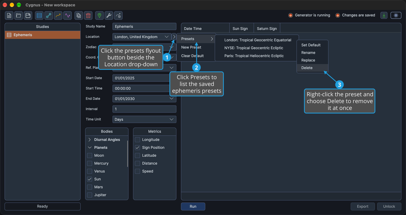 The preset context menu open from an ephemeris preset in the Presets submenu, with Delete highlighted.