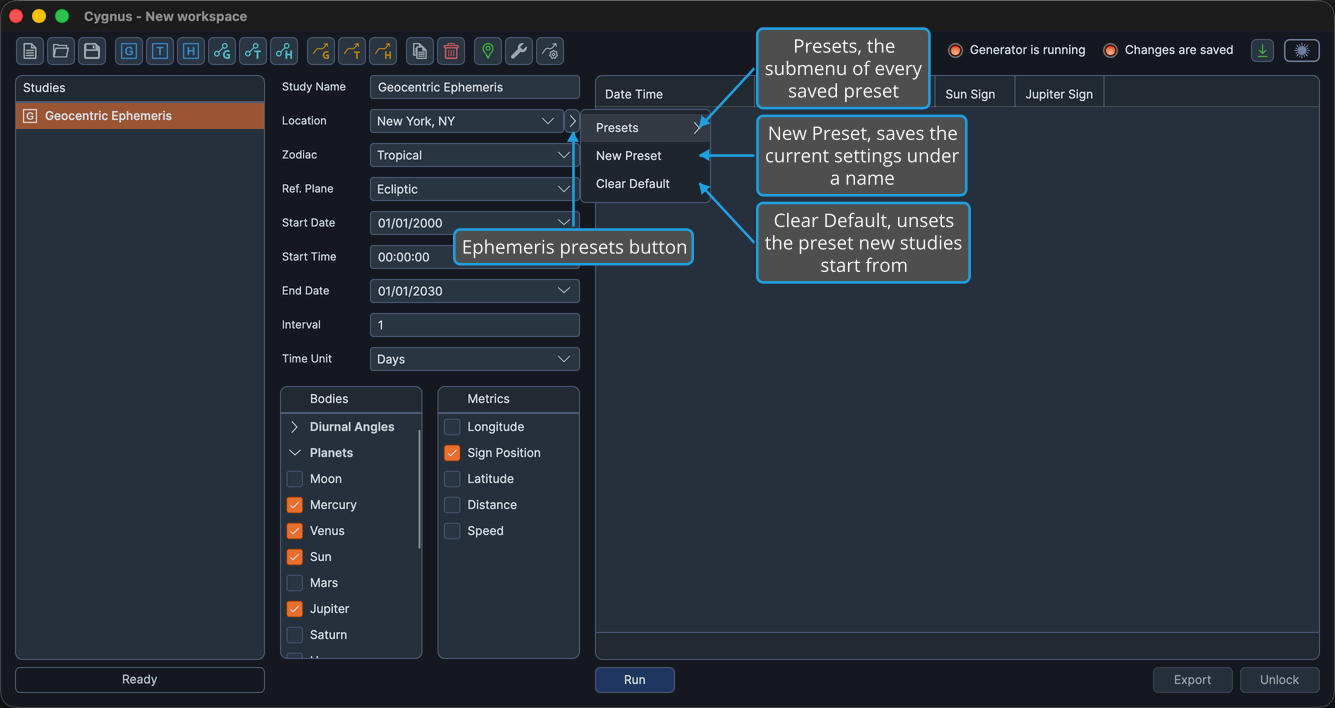 The ephemeris presets flyout open beside the Location row, holding Presets, New Preset, and Clear Default.