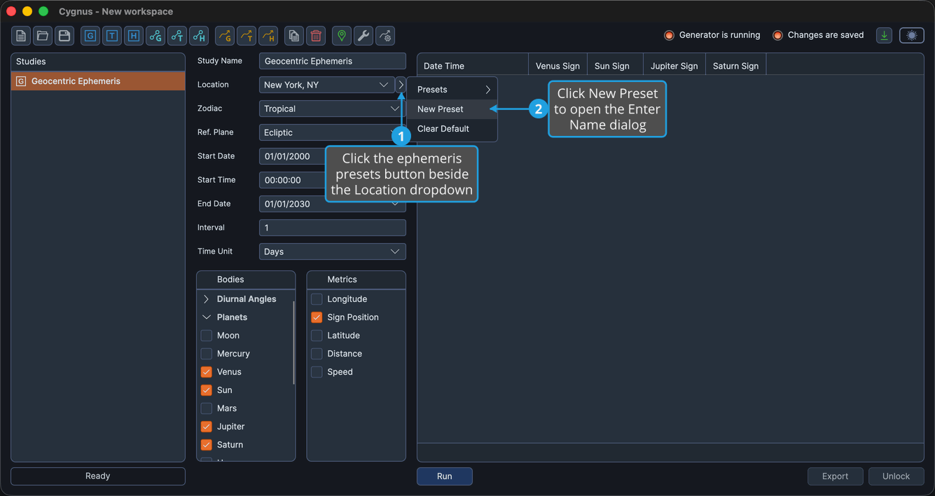 The ephemeris presets flyout with New Preset highlighted over a study editor set to New York, Tropical, and Ecliptic.