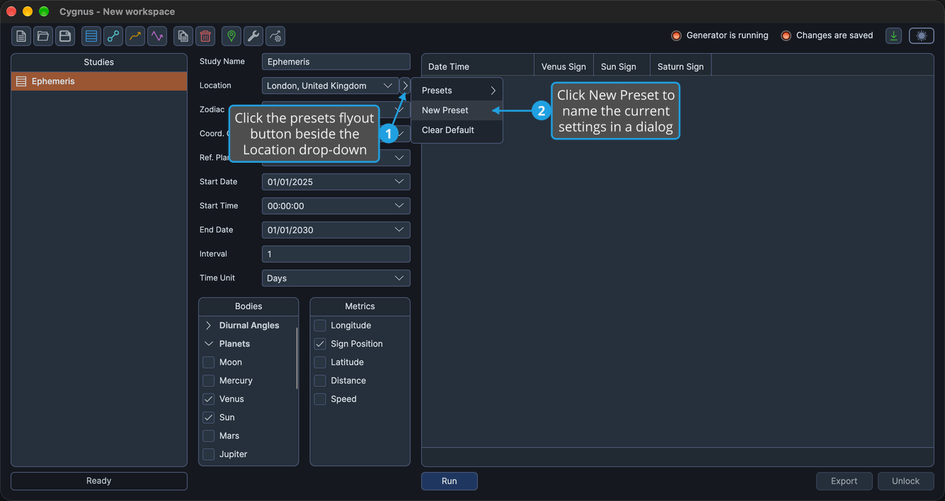The presets flyout menu open beside the Location drop-down with New Preset highlighted between Presets and Clear Default.