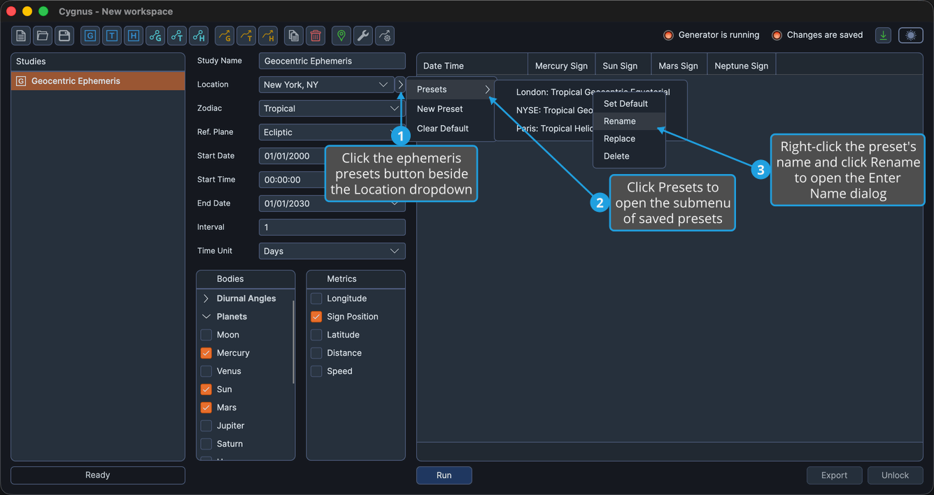 The Rename command highlighted in a preset's menu, opened from the Presets submenu of the ephemeris presets flyout.