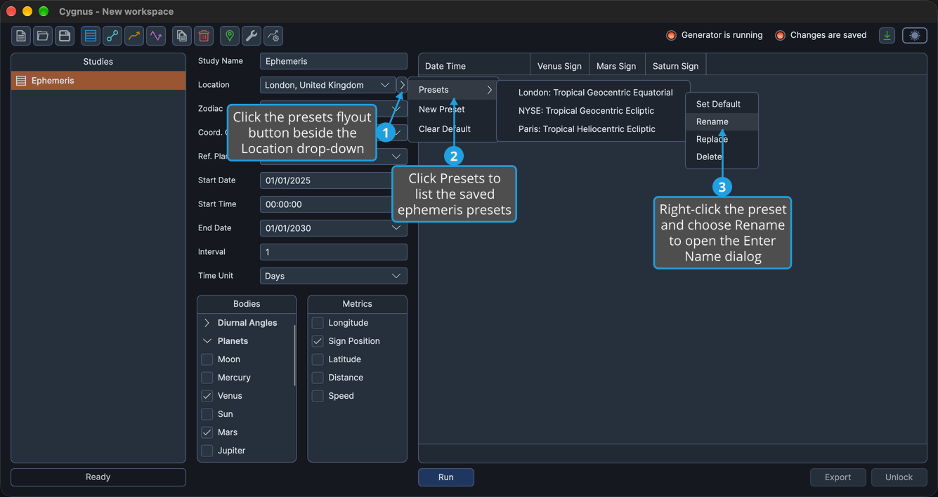 The preset context menu open from an ephemeris preset in the Presets submenu, with Rename highlighted.