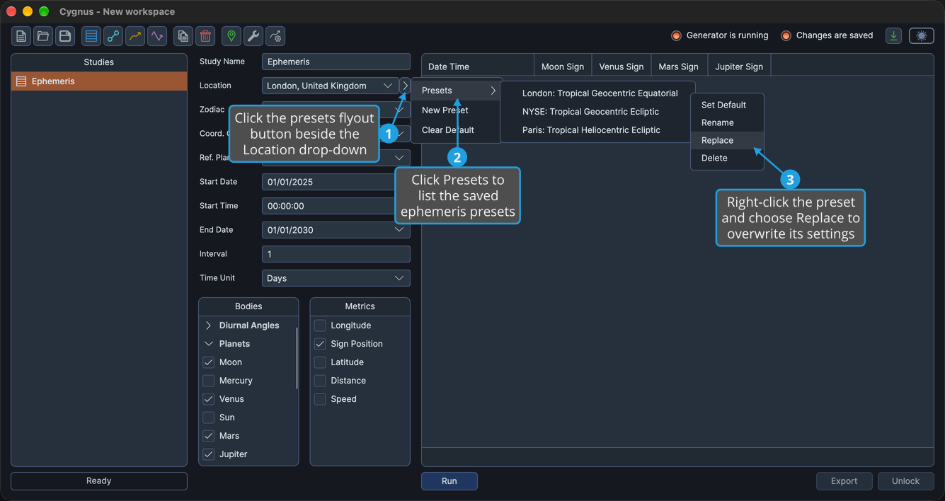 The preset context menu open from an ephemeris preset in the Presets submenu, with Replace highlighted.