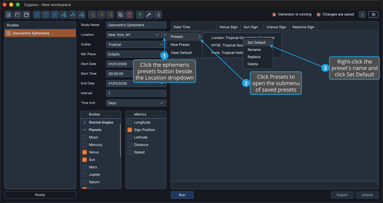 A saved preset's menu open over the Presets submenu of the ephemeris presets flyout, with Set Default highlighted.