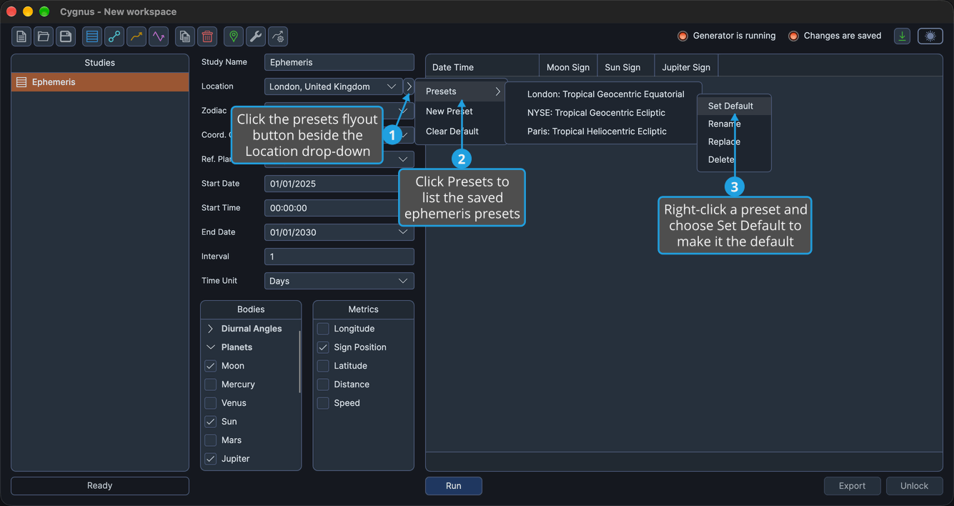 The preset context menu open from an ephemeris preset in the Presets submenu, with Set Default highlighted.