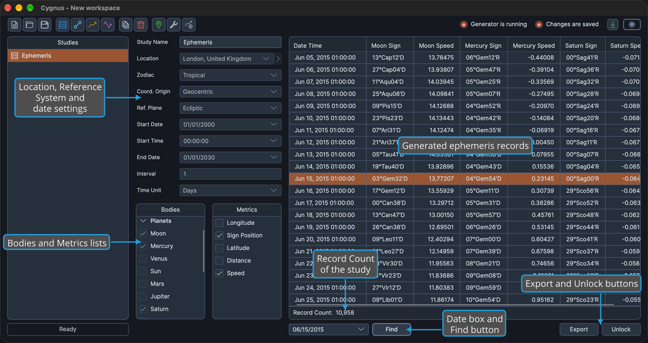 A generated Ephemeris study for the Moon, Mercury and Saturn, with the settings column on the left and the ephemeris table, Record Count and button bar on the right.