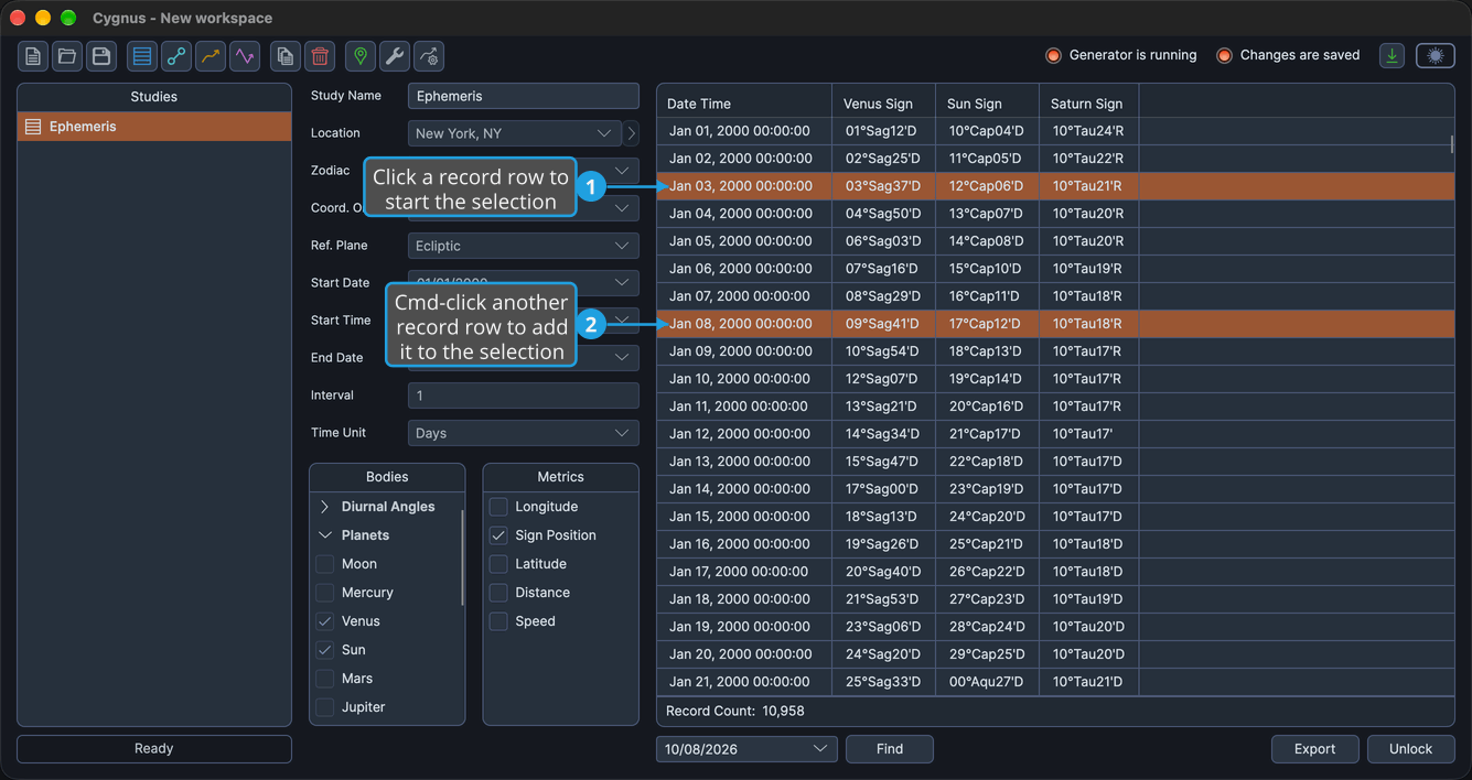 An ephemeris table with two separate record rows selected and the rows between them left unselected.