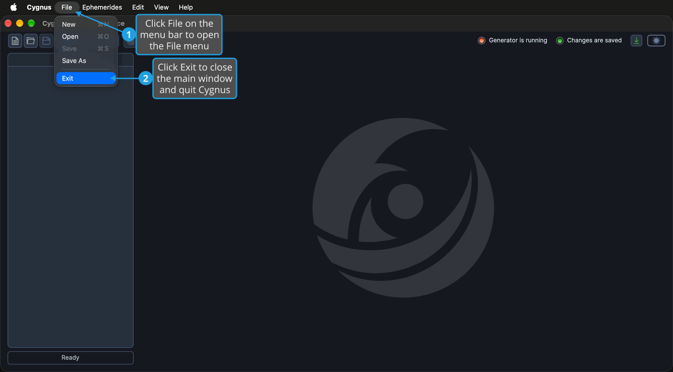 The File menu is open on the menu bar above the Cygnus main window, with the Exit command at the foot of the menu.