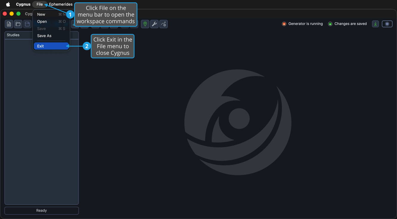 The File menu open over the Cygnus window with the Exit command highlighted at the bottom of the menu.