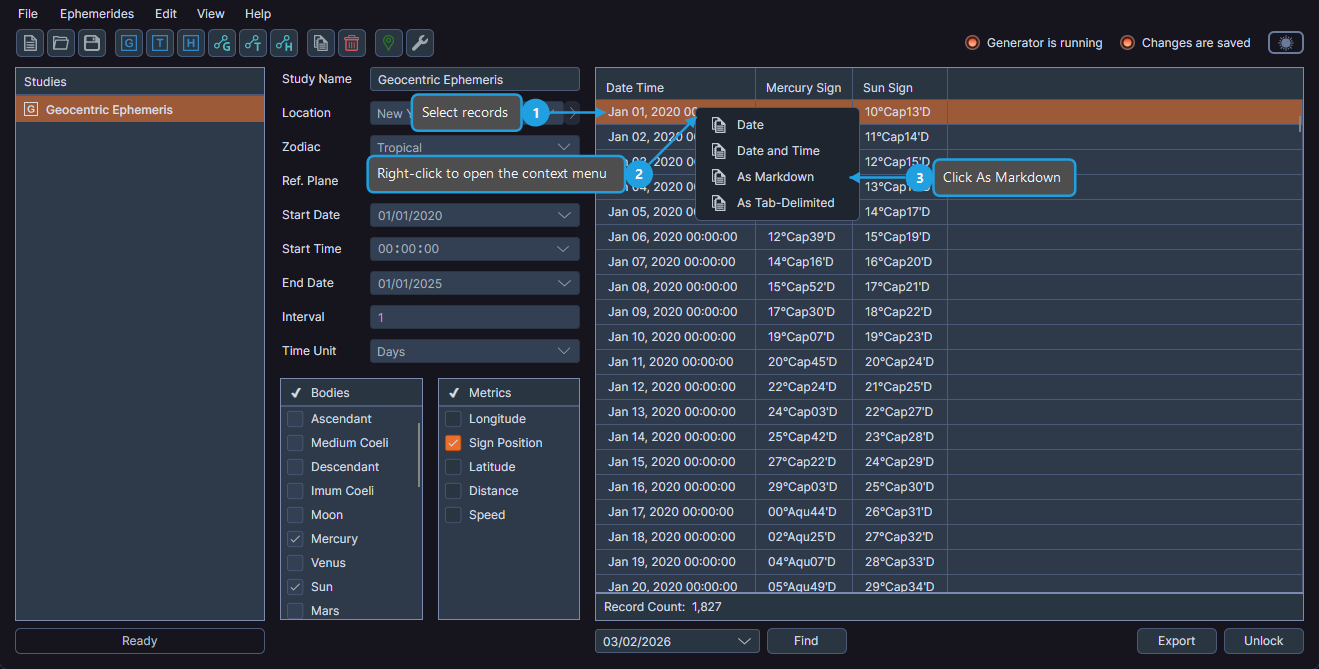 Results table context menu showing clipboard copy options including Date, Date and Time, As Markdown, and As Tab-Delimited