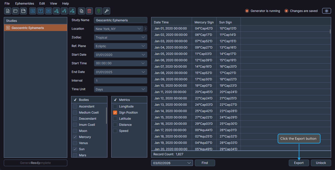 Study with generated results showing the Export button to save as CSV