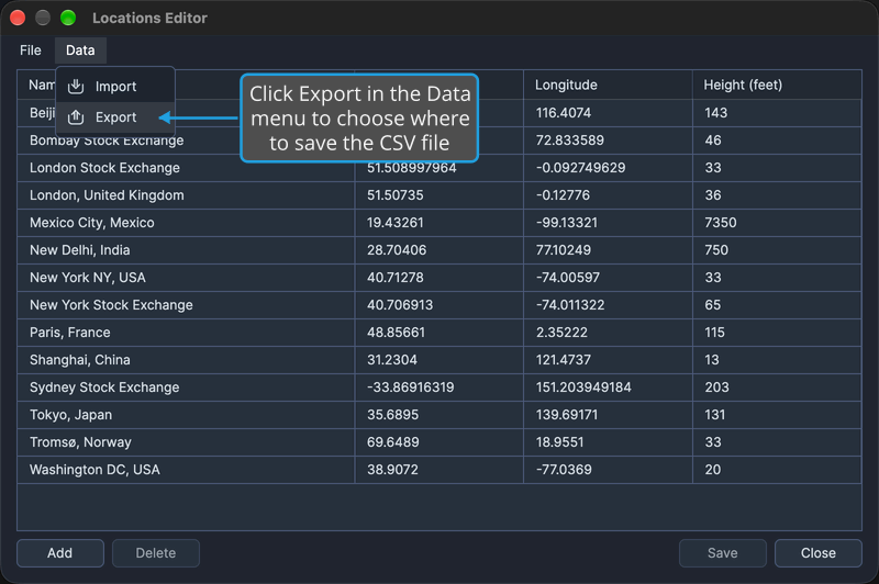 The Data menu of the Locations Editor is open with Export highlighted, above the table of saved locations.