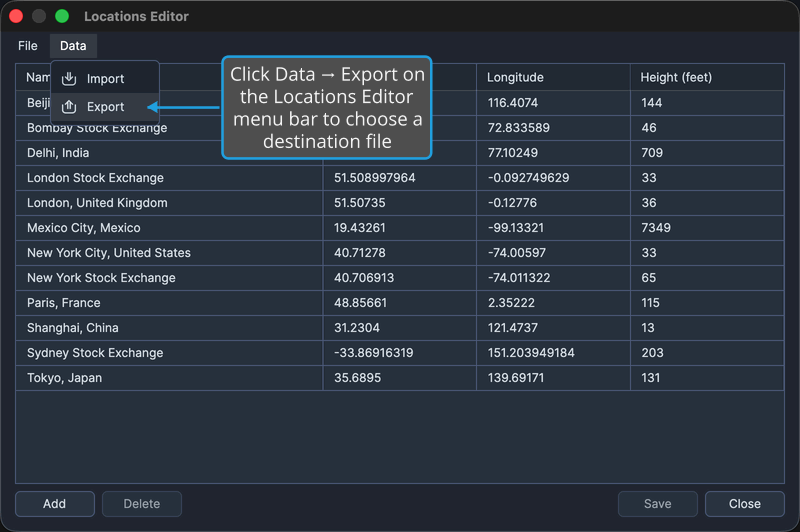 The Locations Editor's Data menu open with the Export command highlighted over the grid of locations.
