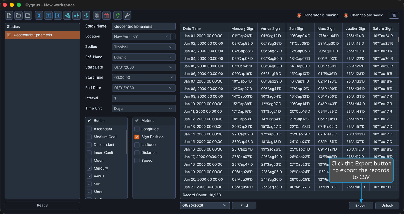 A generated study with the Export button available below the ephemeris table.